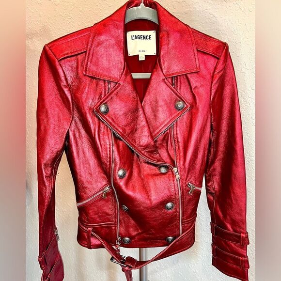 L’AGENCE Billie Lambskin Leather Red Foil Metallic Double Breasted Jacket XS - Picture 1 of 6
